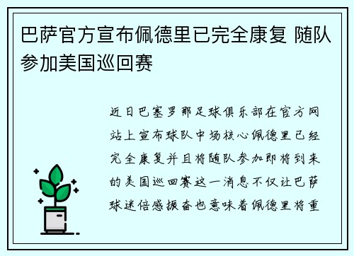 巴萨官方宣布佩德里已完全康复 随队参加美国巡回赛